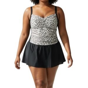Leopard Print Tankini Swimdress with Black Skirt